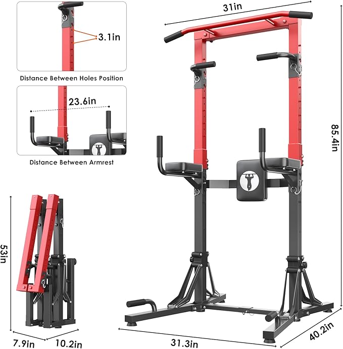 DlandHome Foldable Power Tower Pull Up Bar Station, Strength Training Fitness Equipment, Multi-Function Adjustable Height Pull Up Dip Station for Home Gym Workout, Pull Up Stand, Black & Red
