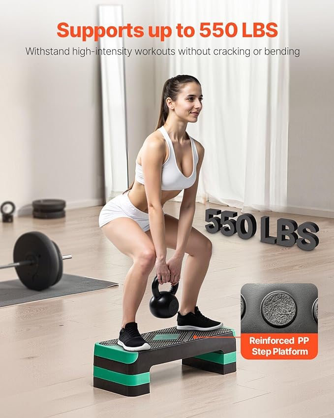 Aerobic Exercise Step Platform, 28-Inch Workout Aerobic Stepper, Height Adjustable Fitness Training Step Deck Trainer with 4 Risers, Non-Slip Surface Bench for Home Gym Cardio Strength, Green