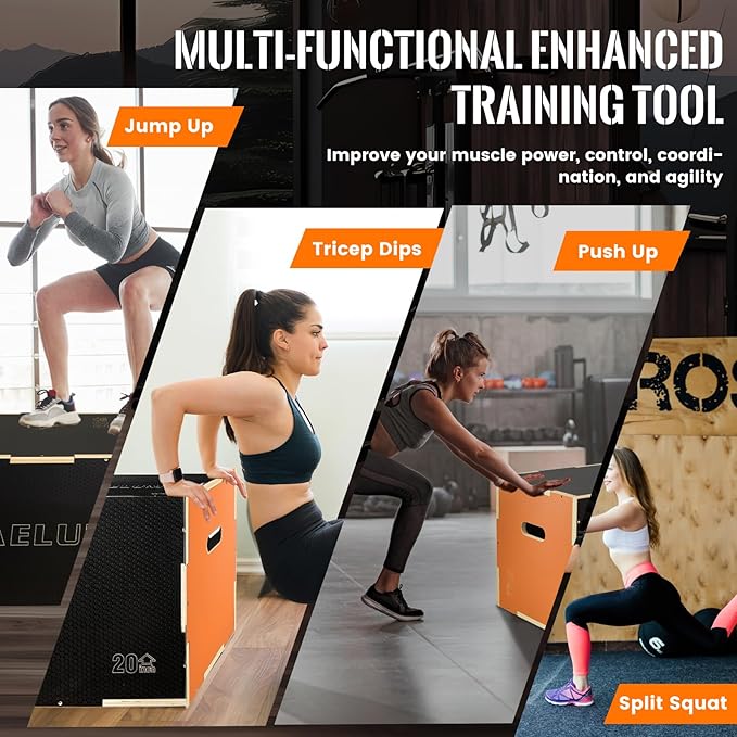 CAELUM 3-in-1 Wood Plyo Box - Non-Slip Plyometric Jump Box for Home & Gym, 400lbs Bearing Fitness Launch Box for Jumping Squats Step-ups Strength Training