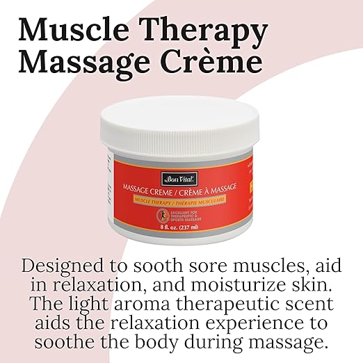 Bon Vital' Muscle Therapy Massage Creme, Professional Massage Cream with Dwarf Pine Oil & Essential Oils for Relaxation & Soreness, Deep Tissue & Sports Massage Creme, 8 Ounces (Packaging May Vary)