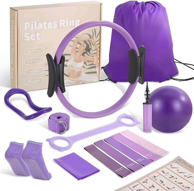 Pilates Ring Set - Home Equipment for Women with 14-inch, 9.8-inch Ball & 5 Resistance Bands for Muscle Training & Flexibility