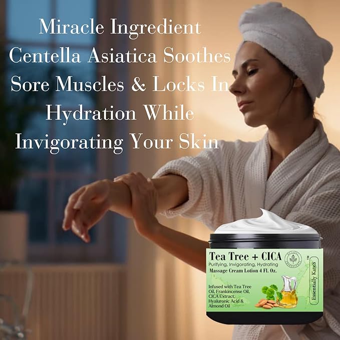 Essentially KateS Tea Tree 2.5% Body Cream Massage Lotions 4 oz, Infused with Centella Asiatica and Frankicensae Oil - Soothing, Hydrating, and Revitalizing - Fights Sore Muscle and Stiffness.