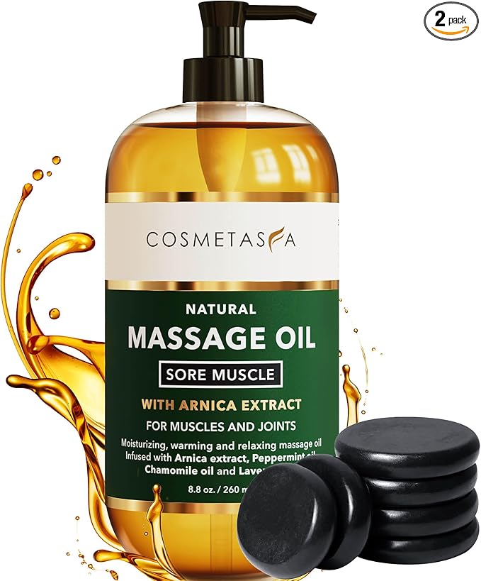 Cosmetasa Sore Muscle Massage Oil for Massage Therapy – Arnica, Chamomile & Lavender Oil for Muscle & Joint Ease – Non-Greasy Formula with Heated Basalt Stones – Relaxation & Recovery – 8.8 Oz