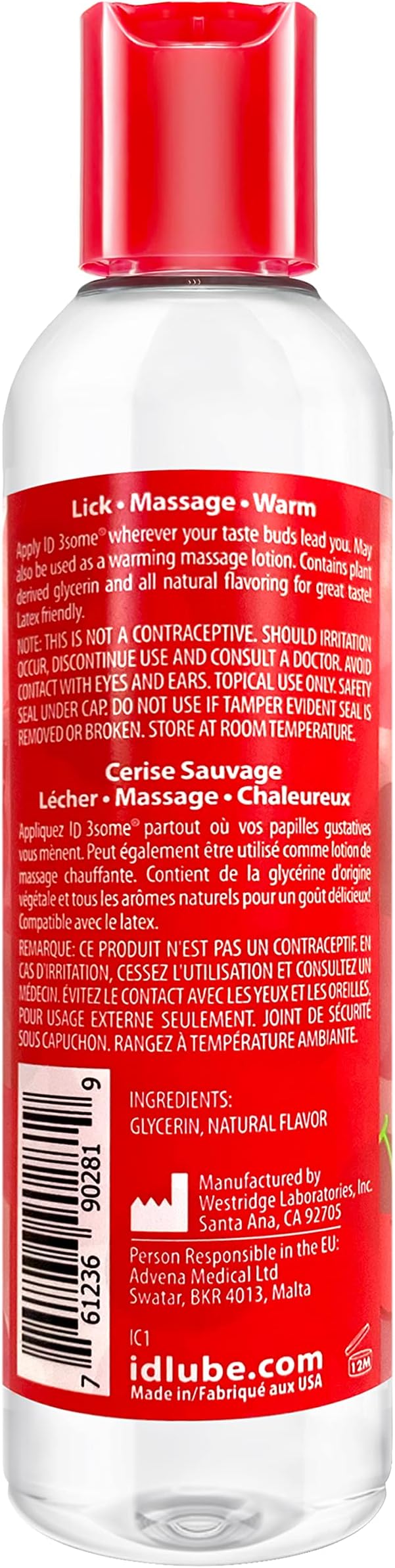 ID Lubricants 3some Flavored Sensual Massage - Wild Cherry Oral Delight & Warming Fun for Couples Pleasure - 4 fl oz Sensual 3in1 Massage Lube
