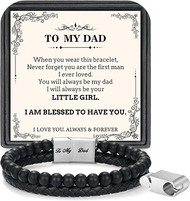 LUXEJEW Gifts for Men - Beaded Leather Bracelet 6mm Matte Agate Stone Bracelets for Men Dad Son Husband Boyfriend Grandpa Grandson Brother Uncle Nephew Adjustable Magnetic Clasp