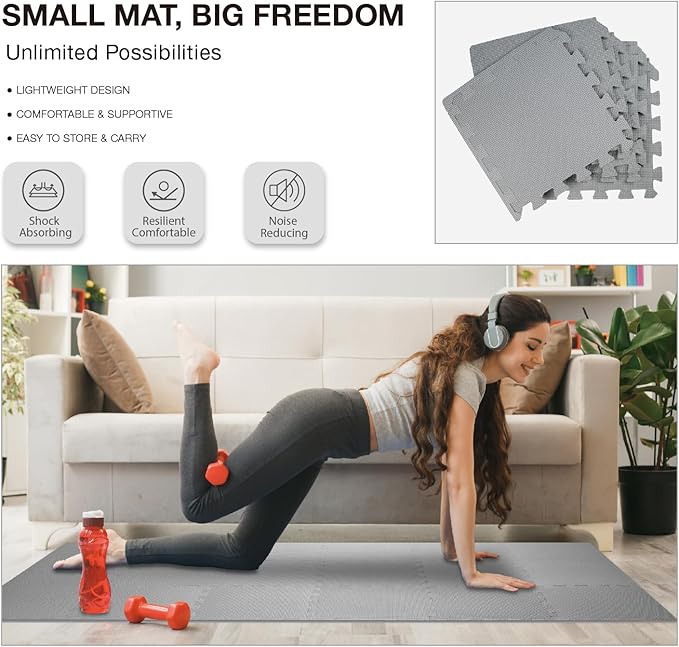 AIRHOP 18 Tiles Gym Floor Mat, EVA Foam Puzzle Gym Mat, High-Density Interlocking Foam Floor Tiles for Home Gym, Play Workout Garage Kitchen Flooring