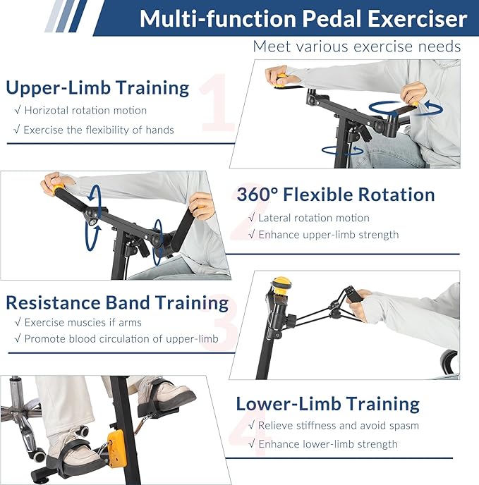Pedal Exerciser for Elderly, Hand Arm Leg and Knee Exercise Bike, Adjustable Fitness Equipment for Total Body, Home Pedal Exercise Bike w/ Handgrip, Resistance Band, Non-Slip Suction Cup