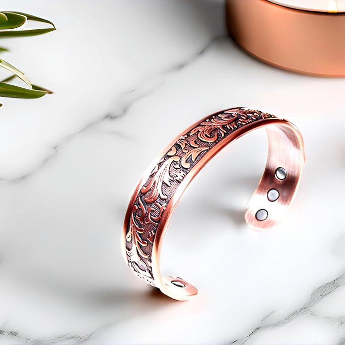 LONGRN-Copper bracelet for men -Ultra Strength Magnetic Bracelets, 99.99% Pure Copper Cuff Bangle with 3500 Gauss Neodymium Magnets, Adjustable, Vintage Collection