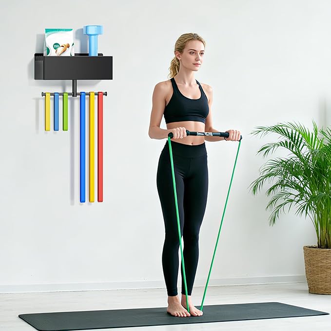 Home Gym Wall Storage, White Resistance Bands Rack Hanger Metal, Wall Mounted Fitness Bands Holder, Multi-Purpose Heavy Duty Workout Gym Storage Rack for Resistance Bands, Straps, Jump Ropes (Black)