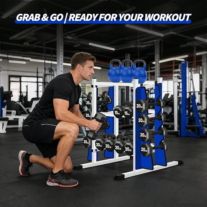 Heavy Duty Dumbbell Rack, Double-Side Extension Holder for Dumbbells & Kettlebells Home Gym Storage Rack