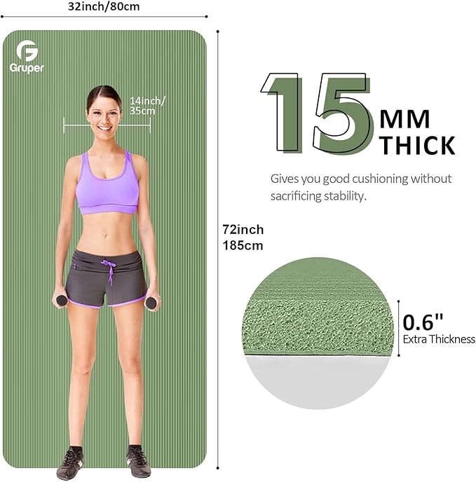 Gruper Yoga Mat Non Slip NBR Extra Thick Yoga Mat, 72"L x 32"/24"W x 0.6"/0.4"TH (185cm x 80cm/61cm x 15mm/10mm), Anti-Tear Exercise Mat with Carrying Strap and Bag, Workout Mats for Yoga, Pilates