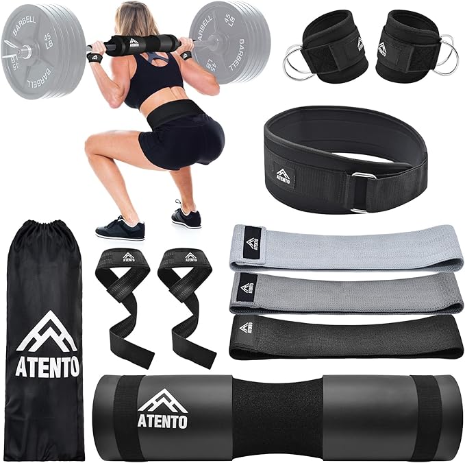 ATENTO 10Pcs Barbell Pad Set with Weight Lifting Belt, Thick Cushion Hip Thrust Pad for Bench Press, Lunges, Workout, Leg Exercise, Squat Bar Pad for Relief Pressure from Neck & Shoulder for Smith machine & Olympic Bars, with 2 Gym Ankle Straps, Hip Re...