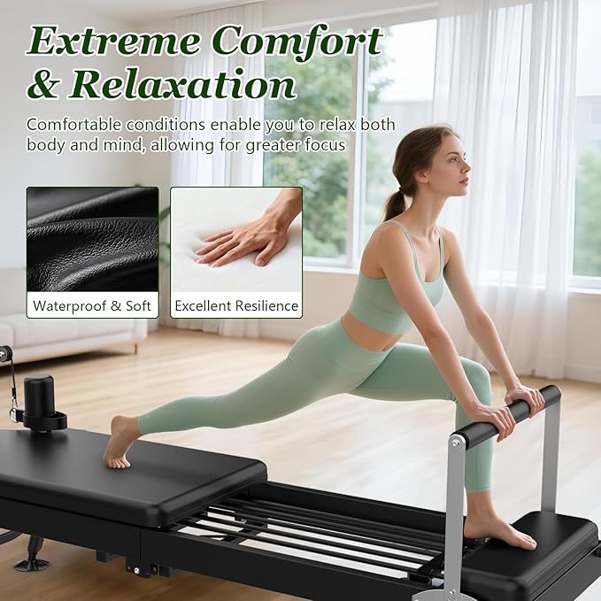 Pilates Reformer, Foldable Reformer Pilates Machine with Adjustable Reformer Heights, Up to 440 LBS Weight Capacity Suitable for Home Use and Studio, Advanced and Beginners Users