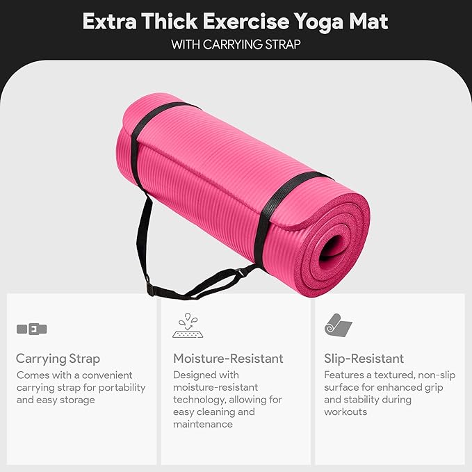 BalanceFrom 71x24 Inches Extra Thick Yoga Mat 1-Inch High-Density Foam – Roll-Up Exercise Pad with Double-Sided Non-Slip Surface and Carrying Strap for Pilates and Home Workouts, Multiple Colors
