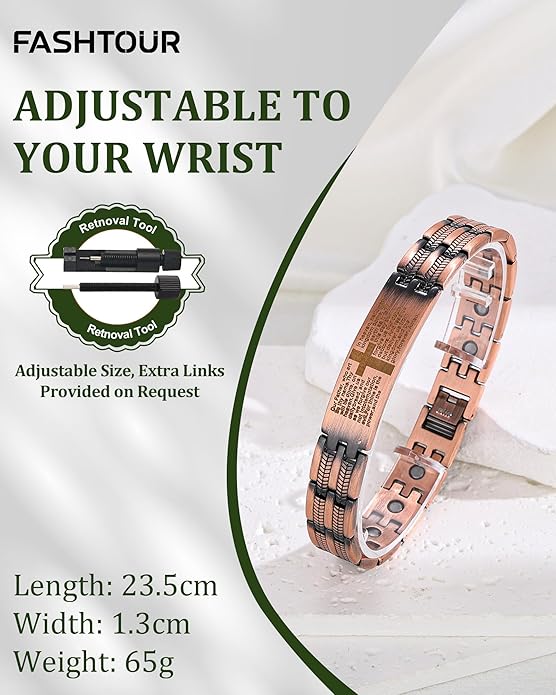 Magnetic Bracelet and Ring Set for Men, 99.99% Pure Copper Jewelry, Adjustable Cross & Celtic Knot Design, Gift for Dad