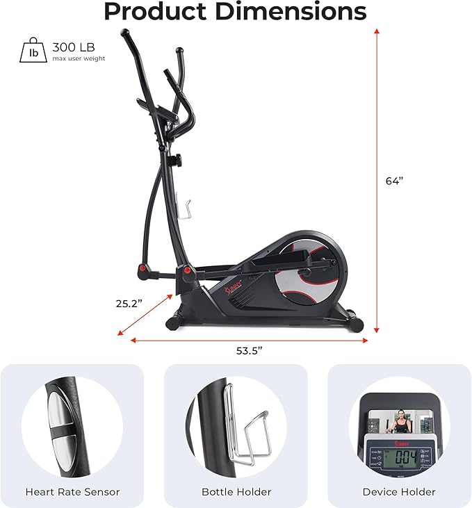 Sunny Health & Fitness Elliptical Machine with Extended Stride, Ultra Quiet 300 lbs Capacity Cross Training Cardio Fully Body Exercise for Home, Sunny Fit App Access, Optional 12" or 16" Stride Length
