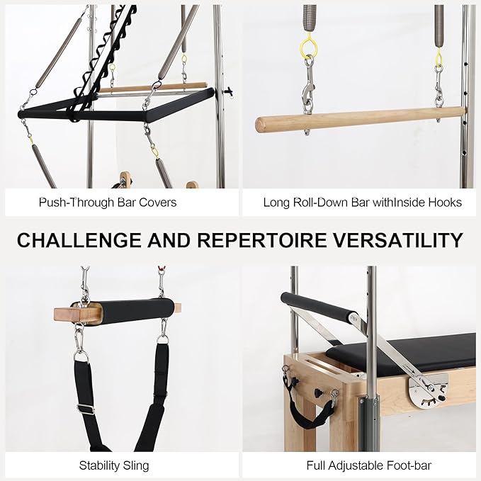 Pilates Reformer, Pilates Reformer Machine, Pilates Equipment for Home and Studio, Black Ultrafine Leather, Adjustable Resistance System