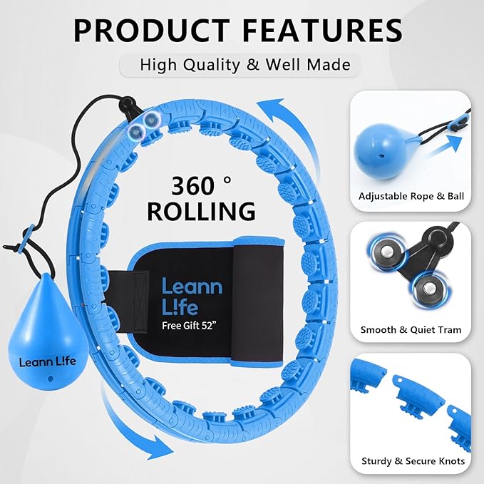U2-26 Knots 19”- 56”, Weighted Hula Hoop for Adults Weight Loss, Infinity Hoop Plus Size, Children Adults Home Outdoors, Fun Fitness Exercise, Abdominal Toner,Free Waist Trimmer&Wash Bag