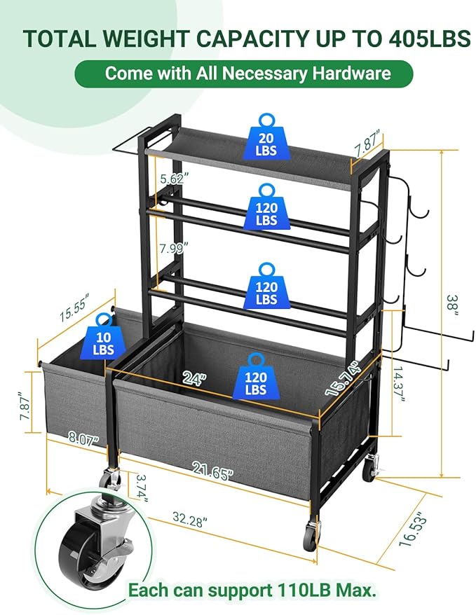 Dumbbell Rack, Adjustable 4-Tier Weight Rack Movable, Home Gym Organizer Up to 405 lb with Lockable Casters & Hooks, Workout Equipment Storage for Dumbbells, Kettlebells, Yoga Mats & Balls