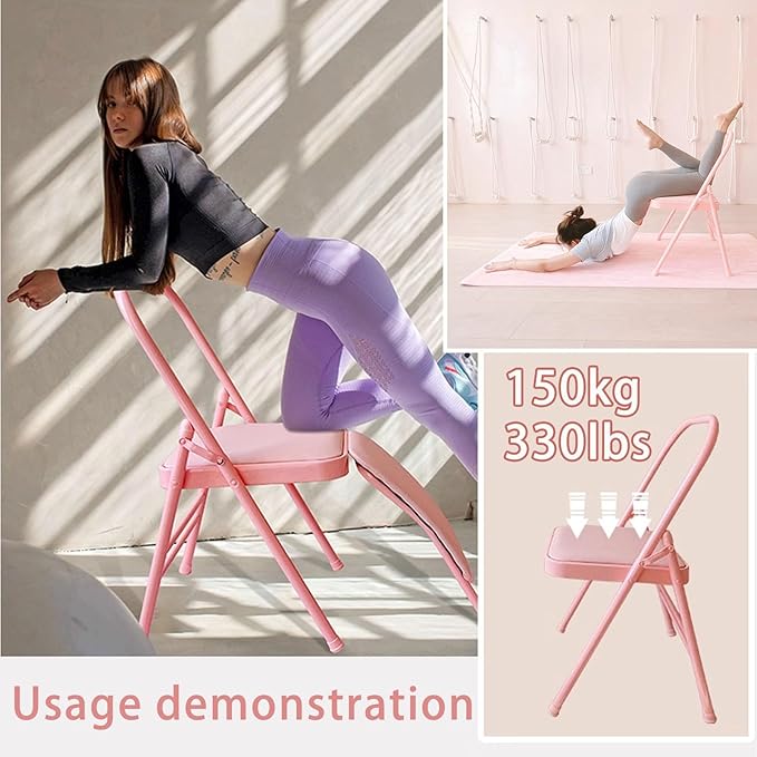 Foldable Yoga Auxiliary Chair for Adults Yoga Chair with Lumbar Support Metal Steel Frame 330 lbs Capacity YogaAuxiliaryChair for Balance Handstand Training Back Pain Relieving(Gray)