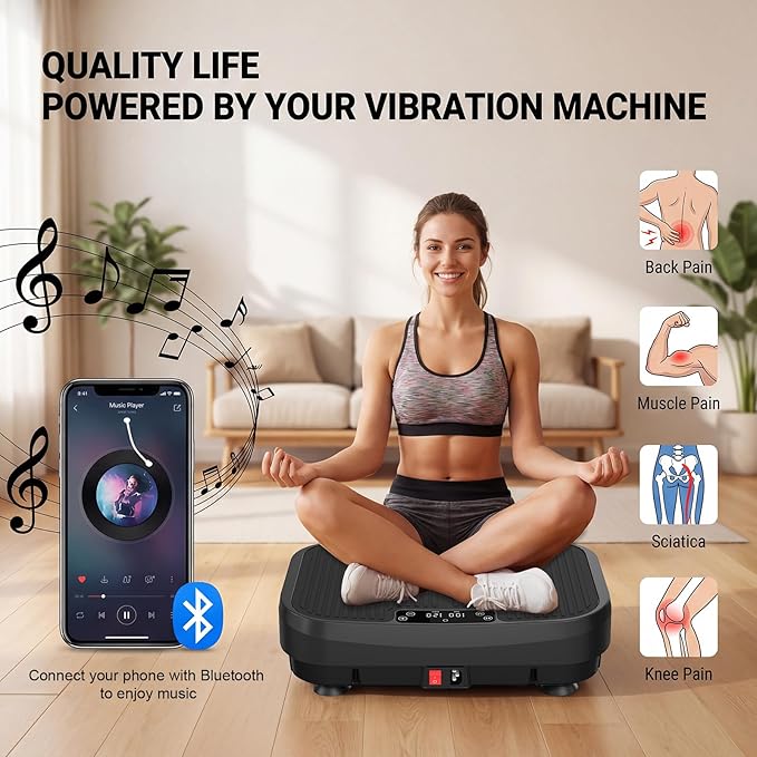 MASYN Vibration Plate Exercise Machine for Lymphatic Drainage 120 Levels Whole Body Vibrating Platform with Resistance Bands & Bluetooth 440 lbs Capacity Shaker Board Workout Equipment for Weight Loss