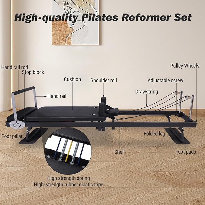 Foldable Pilates Reformer Machine for Home Use,Pilates Bed with Adjustable Springs, Compact Reformer for Studio Apartment & Gym, Ideal for Beginners to Advanced