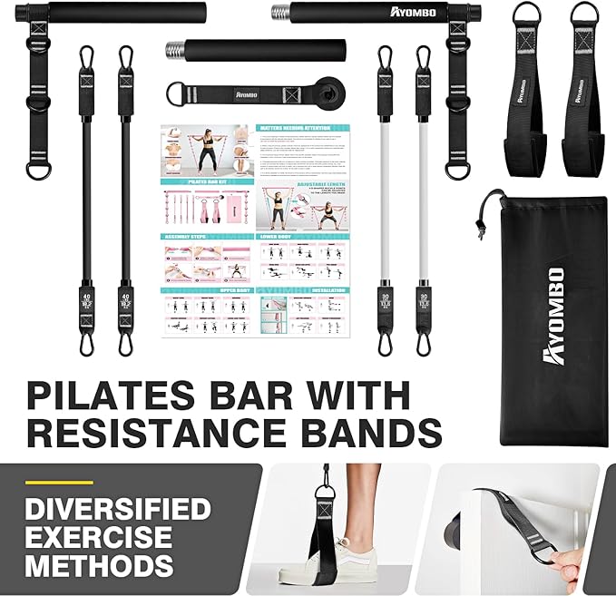 Pilates Bar Kit with Resistance Bands, Pilates Workout Equipment for Legs, Hip, Waist, Arm, Squats Exercise Equipment for Home Workouts, Adjustable 3-Section Pilates Bar Kit for Women & Men