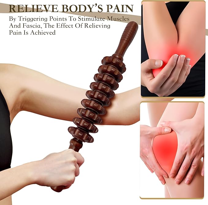 Wood Therapy Massage Roller Stick with Release Myofascial Trigger Points, Massager Tool for Cellulite Reduction, Muscle Tension and Lymphatic Drainage Physical Therapy Recover (Brown)