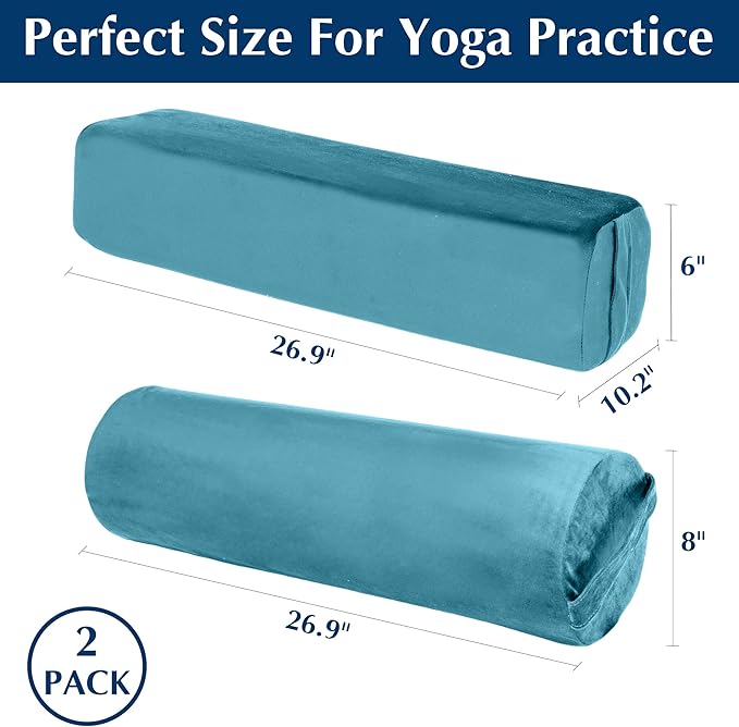 2-Pack Yoga Bolster Pillow Set: Rectangular & Cylinder Pillows for Meditation and Support, Yoga Pillows with Washable Velvet Cover, Triple-Layer Sponge with Carry Handle, Green