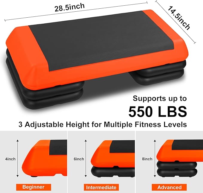 4''-6''-8''Adjustable Aerobic Stepper w/4 Risers Health Workout Step Platform for Sports & Fitness