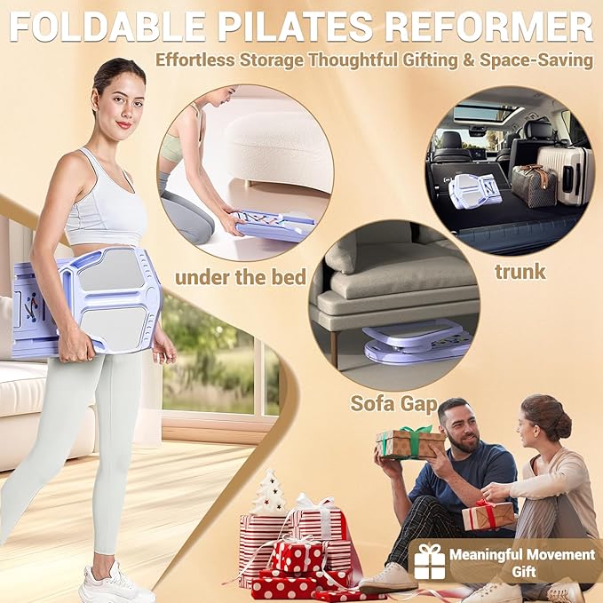 Pilates Board for Home Workout with Mat, Bar, Slider and Resistance Bands, Foldable Portable Pilates Reformer Machine Kit for Women, Multifunctional Pilates Equipment for Gym Office Exercise
