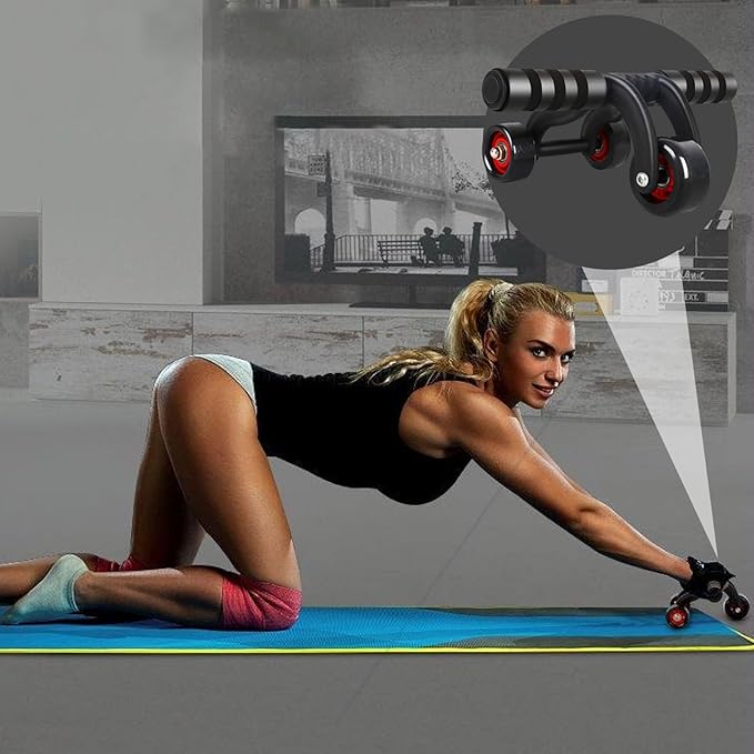 Abdominal Wheel Ab Roller 3 Wheels Non-slip Heavy Duty Low Noise Abdominal Wheel with Kneeling Mat and Braking Board Unisex Deodorant Breathable Handle Domestic Gym Equipment