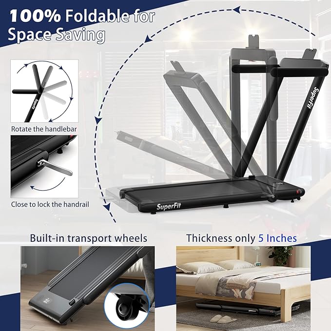 Goplus 2 in 1 Folding Treadmill, 2.25HP Superfit Under Desk Electric Treadmill, Installation-Free with Remote Control, APP Control and LED Display, Walking Jogging for Home Office