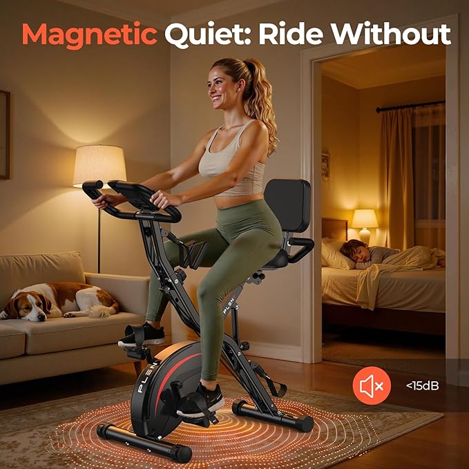 Pleny Folding Exercise Bike, 5 IN 1 Stationary Bikes for Home 6.6 LBS Flywheel, 330LB Weight Capacity Back Support Cushion Indoor Workout Cycling Bike for Home Gym