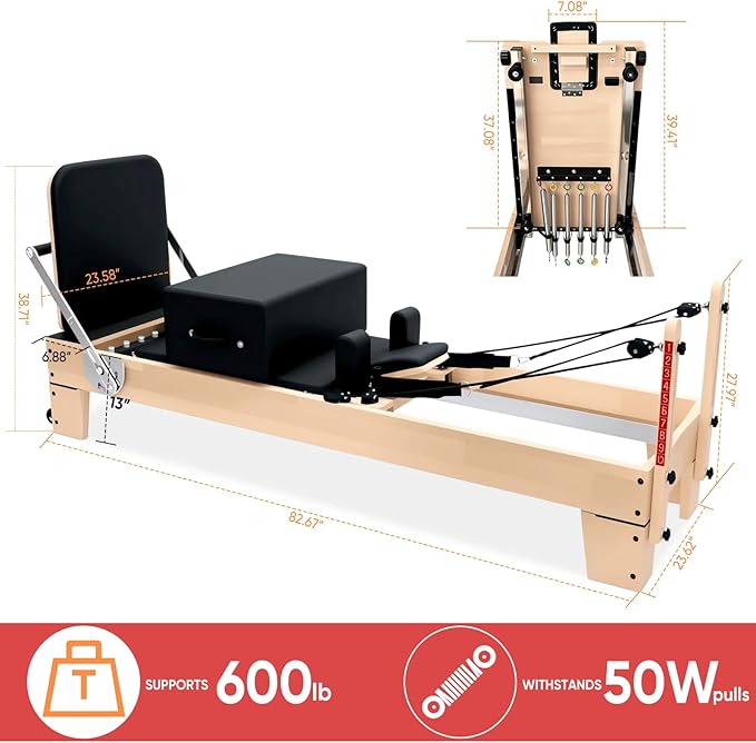 Professional Pilates Reformer Machine for Home – Full-Body Workout Reformer with Jumpboard, Box & Foot Straps – Smooth Glide System, Adjustable Resistance, Solid Wood Frame