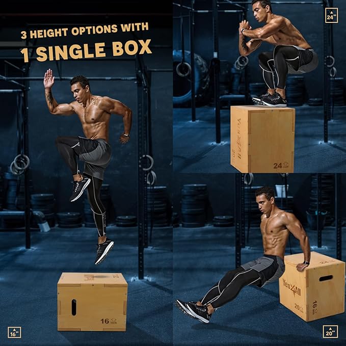 Yes4All Plyo Box, 3-in-1 Wooden Box Jumps for Home Gym, 450 lbs Boxes Step Up with Smooth Edges & Wide Built-in Handles for Jumping, Strength Training, Lunges, Squats, Dips