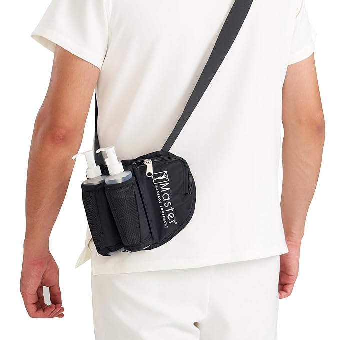 Master Massage Double Bottle Massage Oil & Lotion Holster Bag-Adjustable Dual Kit–Two 8 Oz Refillable Pump Dispenser