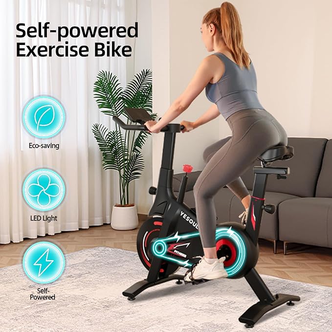 YESOUL Self-Powered Exercise Bike with Exclusive Smart App & Dynamic LED Lights – Silent Magnetic Resistance, Dual-Stage Drive, Stable 300 lbs Frame, Indoor Cycling Bike for Home