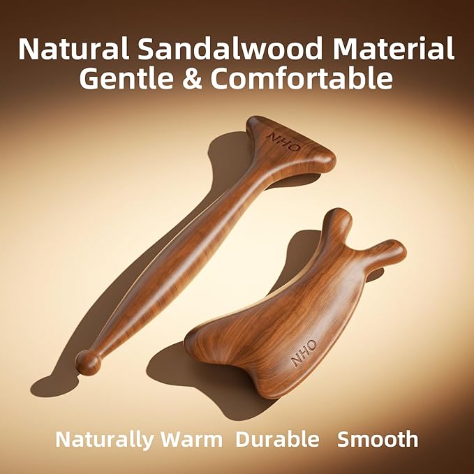 NHO 2-in-1 Sandalwood Gua Sha Tool Fascia Scraper & Lymphatic Drainage for Face, Neck, Jaw, Shoulder, Deep Tissue Muscle Relaxer, Myofascial Trigger Point Scraper for Full Body Massage