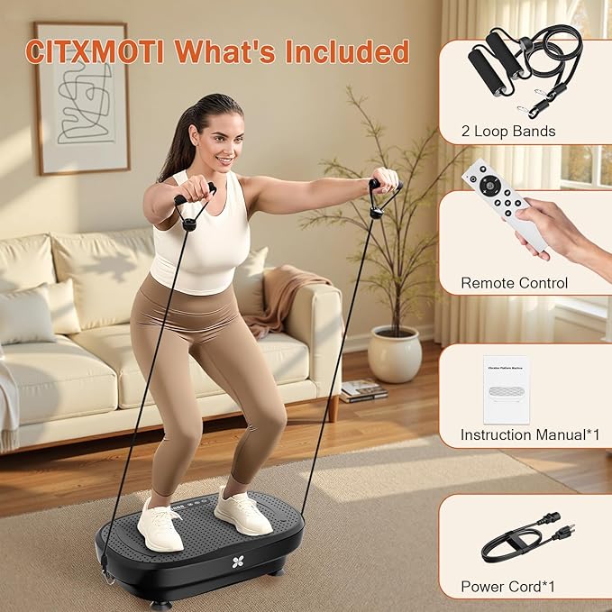 Vibration Plate Exercise Machine, Vibration Plate Platform for Lymphatic Drainage, Stand Shake Board Whole Body Workout Vibrating Plate for Weight Loss with Resistance Bands for Women Men