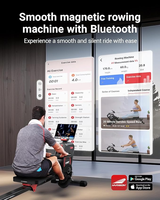 HARISON Rowing Machines for Home, Magnetic Rower Machine with US Mute System, Bluetooth, App Supported, Smooth & Quiet Slide Rail,350 LB Weight Capacity and Free Courses