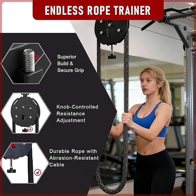 Suspension Endless Rope Pulley System, Endless Rope Trainer, Portable Cable Pulley Machine with Adjustable Resistance, Suspended Rope Climbing Machine for Athletes, Hiit & Functional Workouts Black