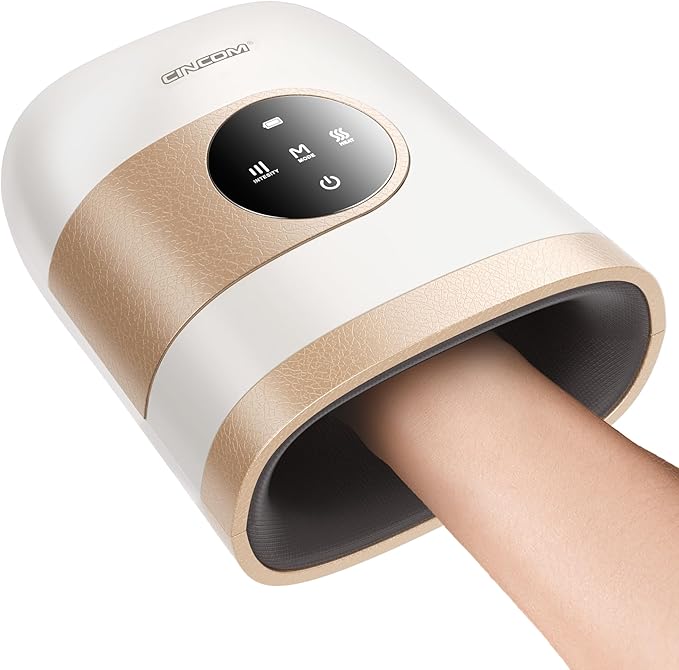 CINCOM Upgraded Hand Massager with Heat and Compression for Arthritis and Carpal Tunnel - Cordless & Rechargeable (Pearl White & Gold)