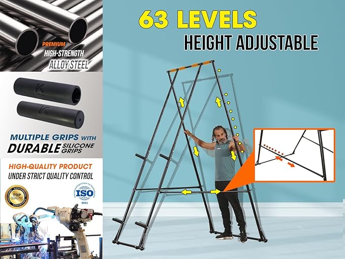 KT High and Foldable Pull Up Dip Station Power Tower Stable Adjustable Multifunctional Exercise Machine Durable Home Gym Strength Training Fitness Equipment Portable Indoor Outdoor Free Standing Rack