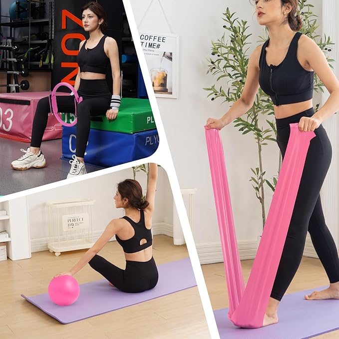 Tsikavo Pilates Ring, Pilates Ring Circle and Ball Set, 12 Inch Magic Circle Pilates Ring,9 Inch Small Exercise Ball,Resistance Bands Set, Home Pilates Equipment for Women
