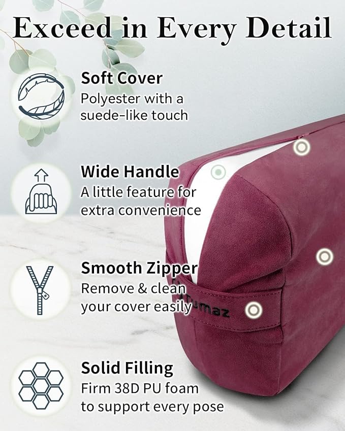 Tumaz Yoga Bolster Set - Rectangular Bolster Pillow for Restorative Yoga, Soft Meditation Pillow with Carry Handle and 8-Feet Strap, Machine Washable Cover