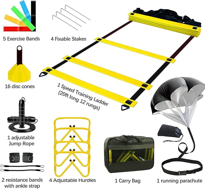 Agility Training Equipment, Football Training Equipment Includes 20FT Agility Ladder,4 Adjustable Agility Hurdles, 12 Football Cones, Parachute, for Training Soccer Basketball Athletes