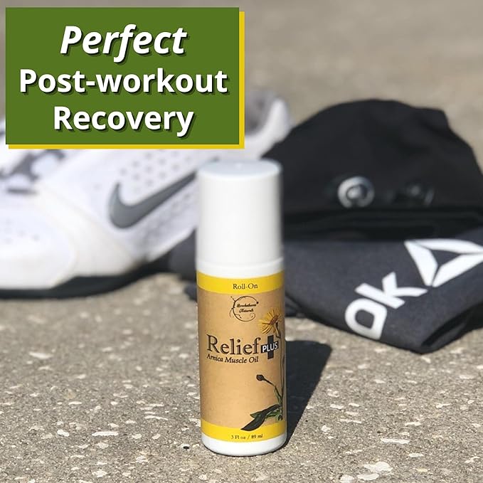 Relief Plus Arnica Muscle Oil – All Natural Highly Concentrated Roll On - Cypress, Eucalyptus & Helichrysum Essential Oils & Menthol for Sore Muscles, Aching Joints by Brookethorne Naturals
