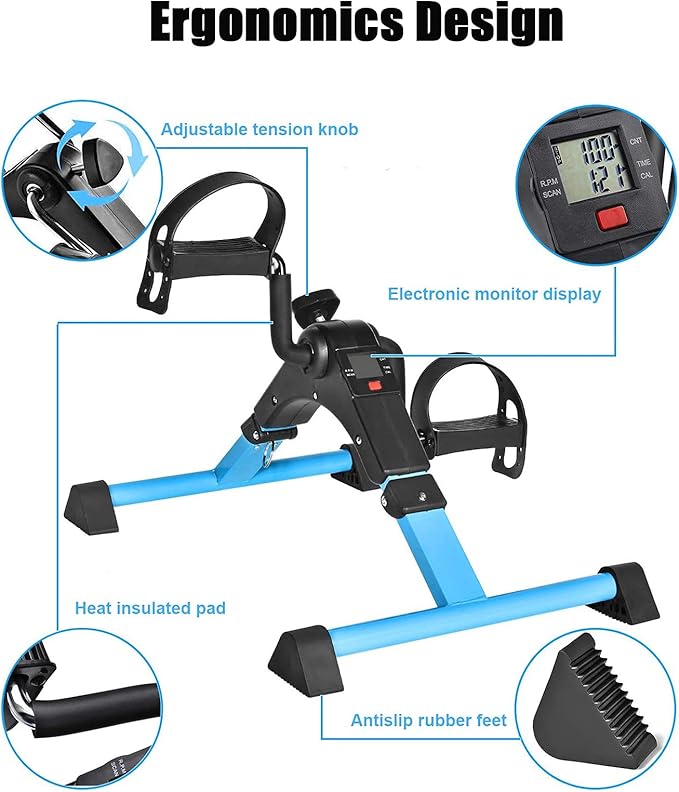 Pedal Exerciser Under Desk Bike with LCD Monitor Resistance for Seniors, Stationary Foldable Mini Exercise Bike Pedals Peddler Exerciser for Arms and Legs for Office or Home (Blue)