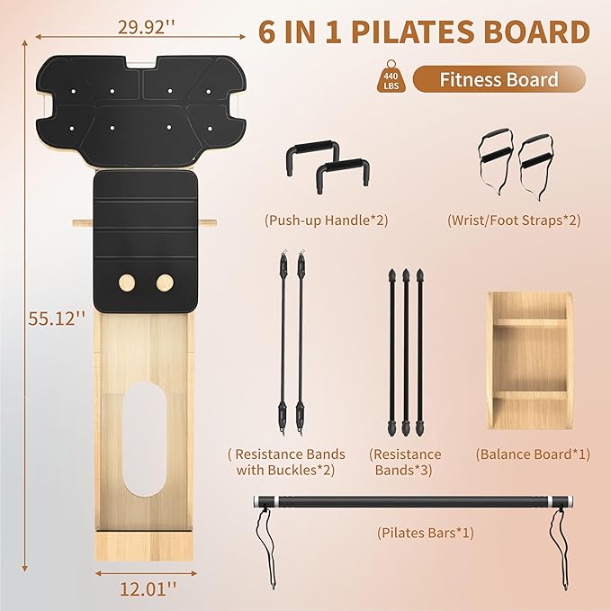 Pilates Reformer Machine,Wooden Foldable Pilates Board, Multifunctional Stable Pilates Reformer Board for Home Workout, Three Level Tension Adjustment, 6 in 1 Pilates Equipment for Woman